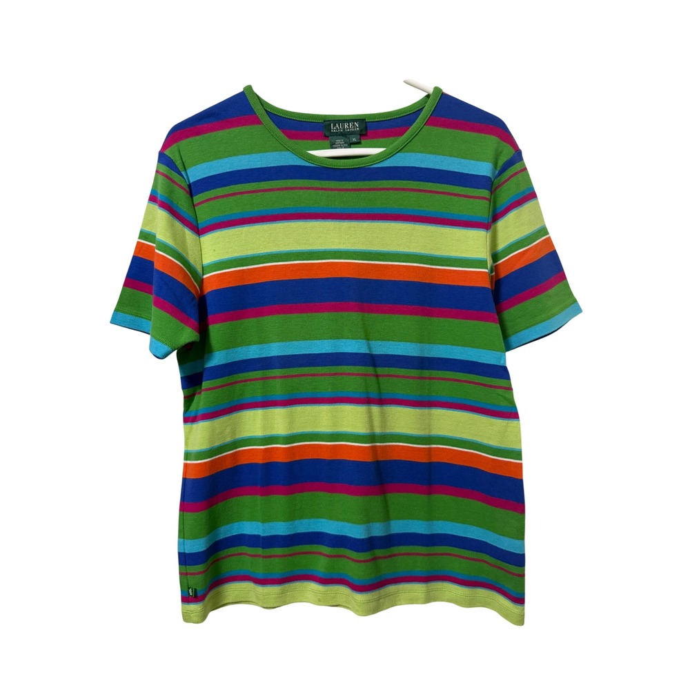 Vintage Lauren Ralph Lauren Multi Color Striped Cotton Tshirt Womens Size XL